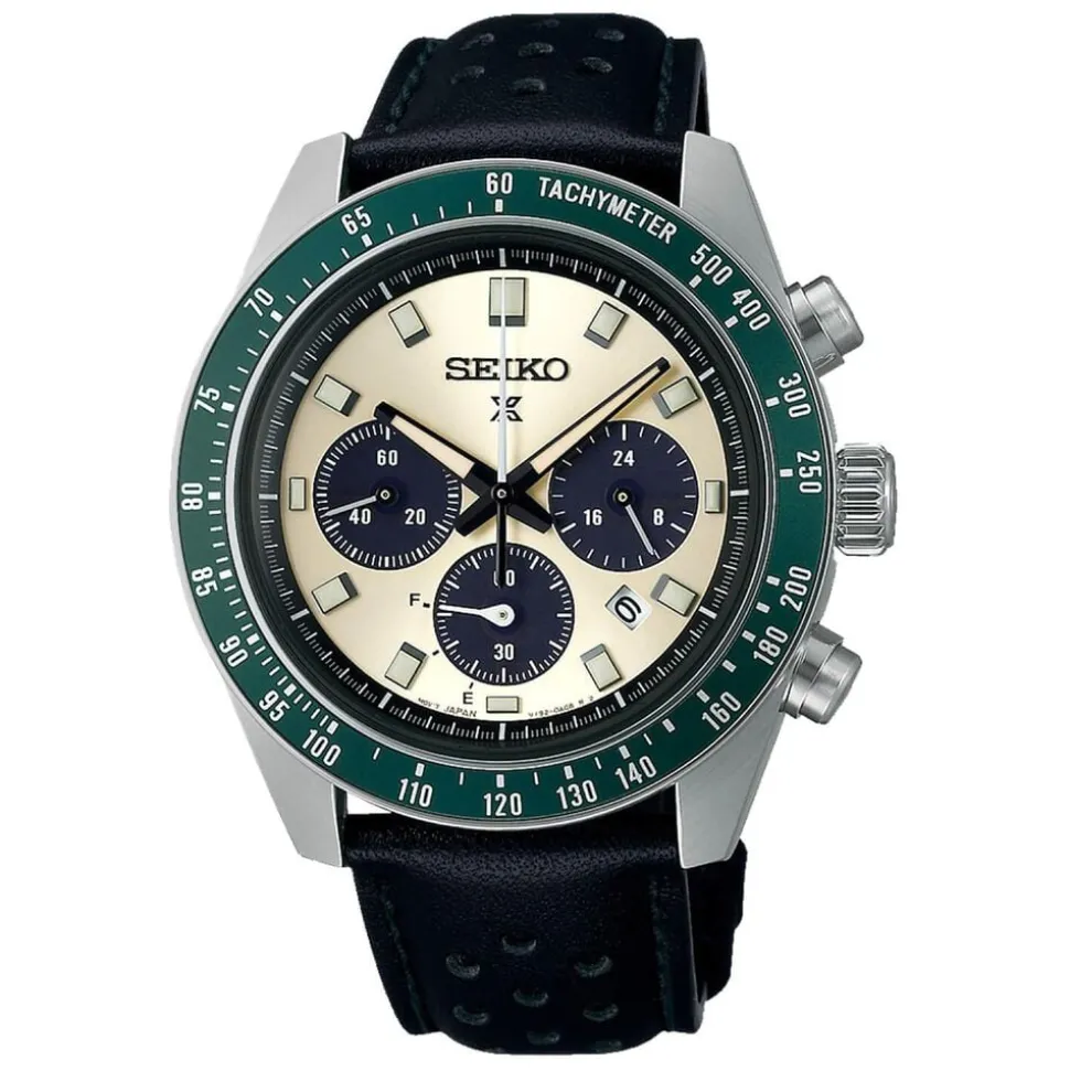 Seiko Prospex Racing Sports Solar Speedtimer 41.4mm Ivory Dial Black Leather Strap Watch