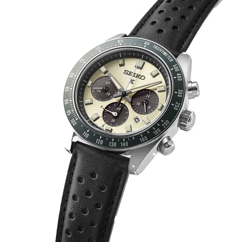 Seiko Prospex Racing Sports Solar Speedtimer 41.4mm Ivory Dial Black Leather Strap Watch