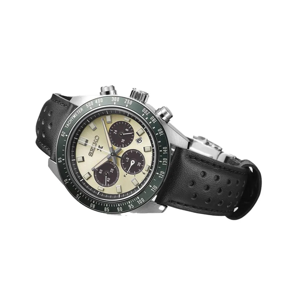Seiko Prospex Racing Sports Solar Speedtimer 41.4mm Ivory Dial Black Leather Strap Watch
