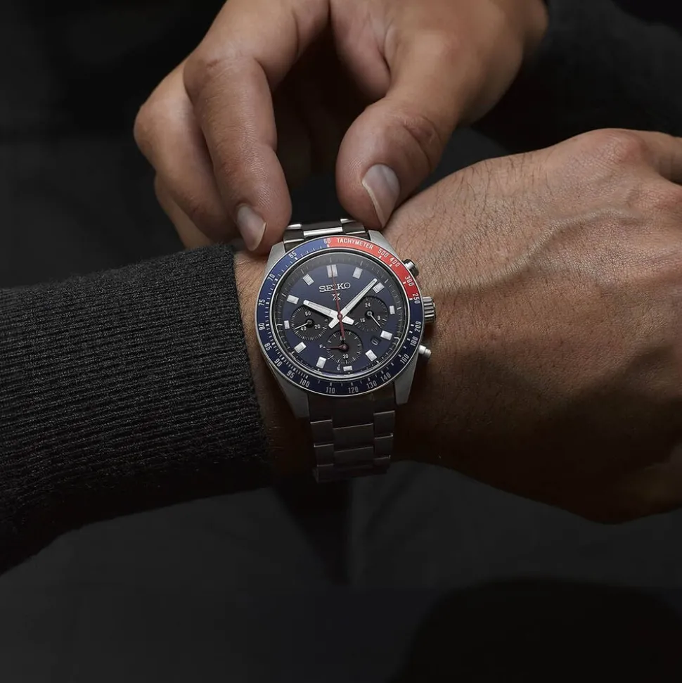 Seiko Prospex Speedtimer 41.4mm Solar Chronograph Blue & Red Bezel Watch