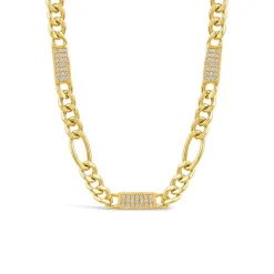 Silver & Yellow Gold Plated Figaro & Cubic Zirconia Bar Centre Necklet