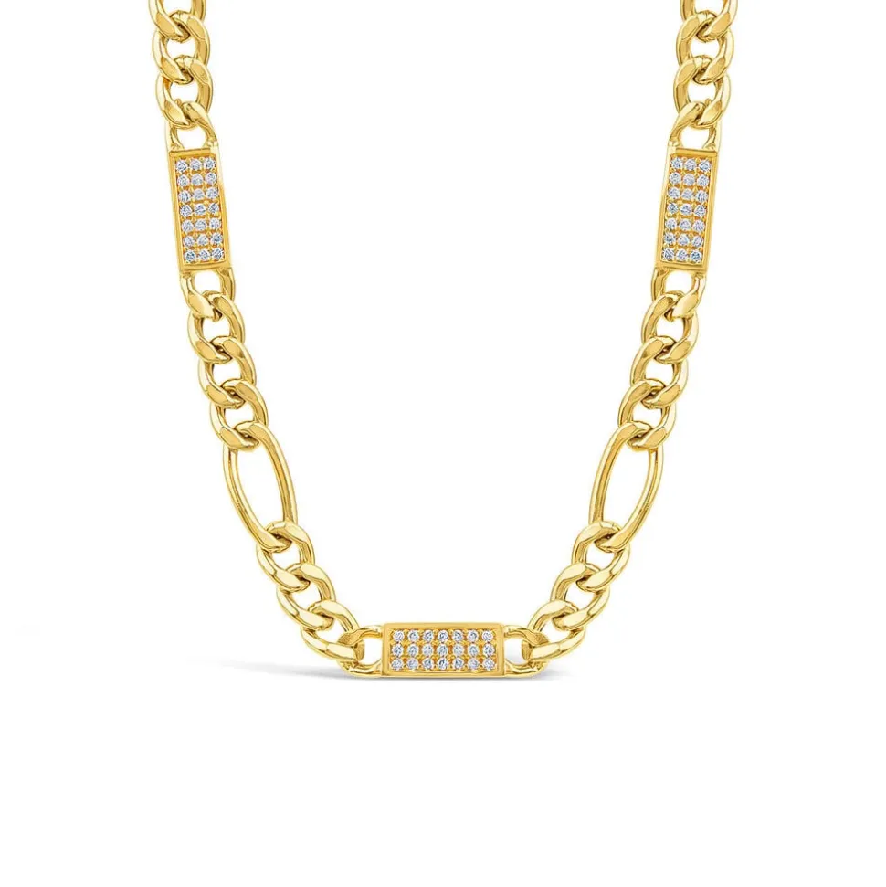 Silver & Yellow Gold Plated Figaro & Cubic Zirconia Bar Centre Necklet