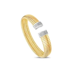 Silver & Yellow Gold Plated Cubic Zirconia Tip Wide Lined Torc Bangle