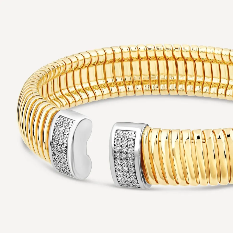 Silver & Yellow Gold Plated Cubic Zirconia Tip Wide Lined Torc Bangle