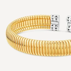 Silver & Yellow Gold Plated Cubic Zirconia Tip Wide Lined Torc Bangle