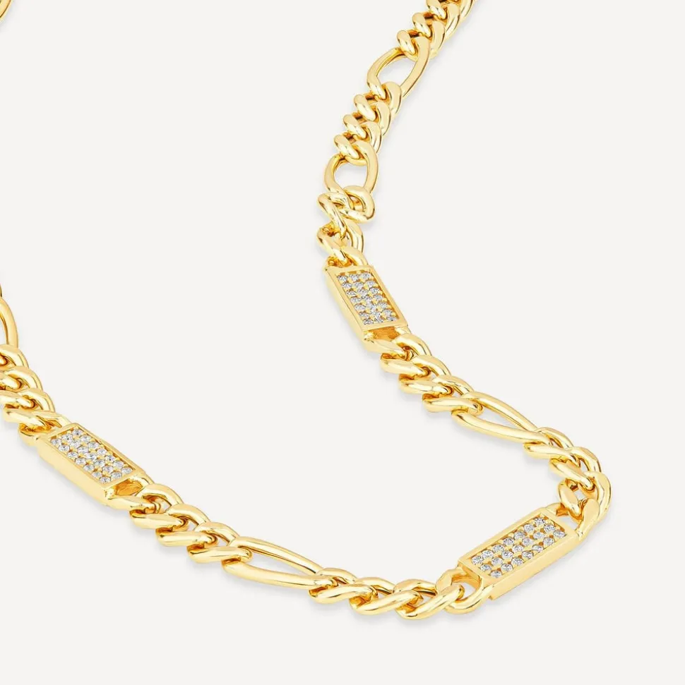 Silver & Yellow Gold Plated Figaro & Cubic Zirconia Bar Centre Necklet