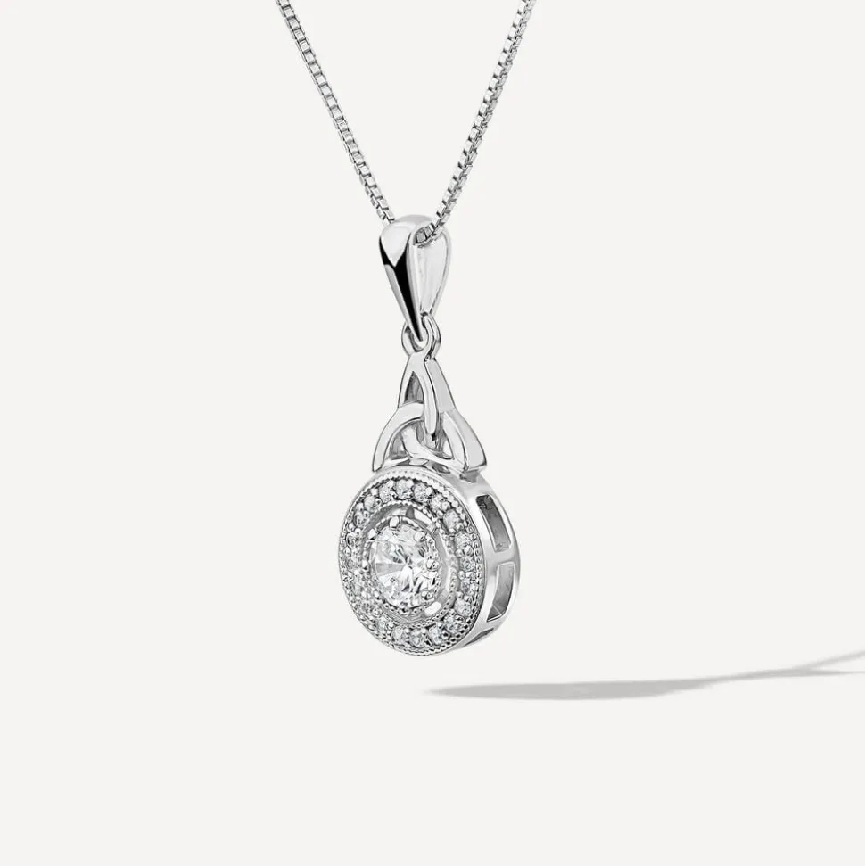 Silver Cluster Cubic Zirconia Trinity Knot Round Pendant