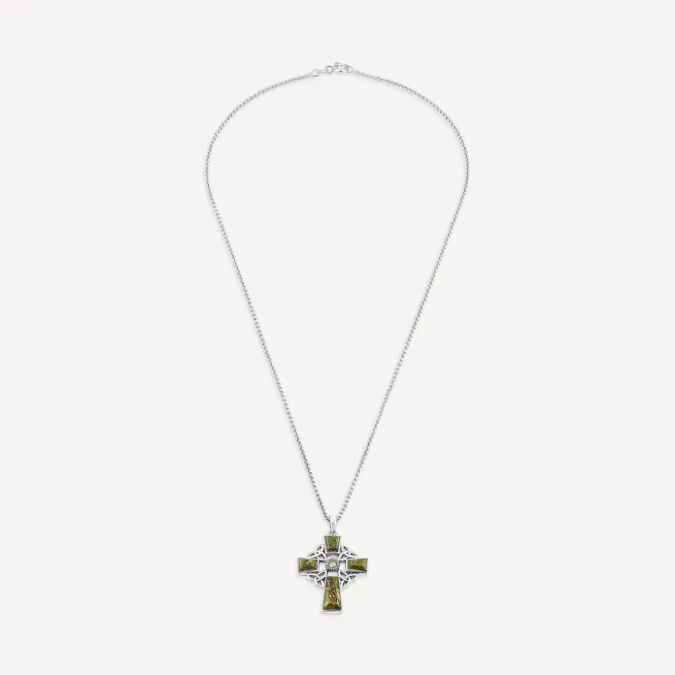 Silver Connemara Marble Marcasite Trinity Knot Cross Pendant