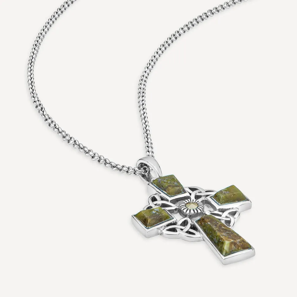 Silver Connemara Marble Marcasite Trinity Knot Cross Pendant