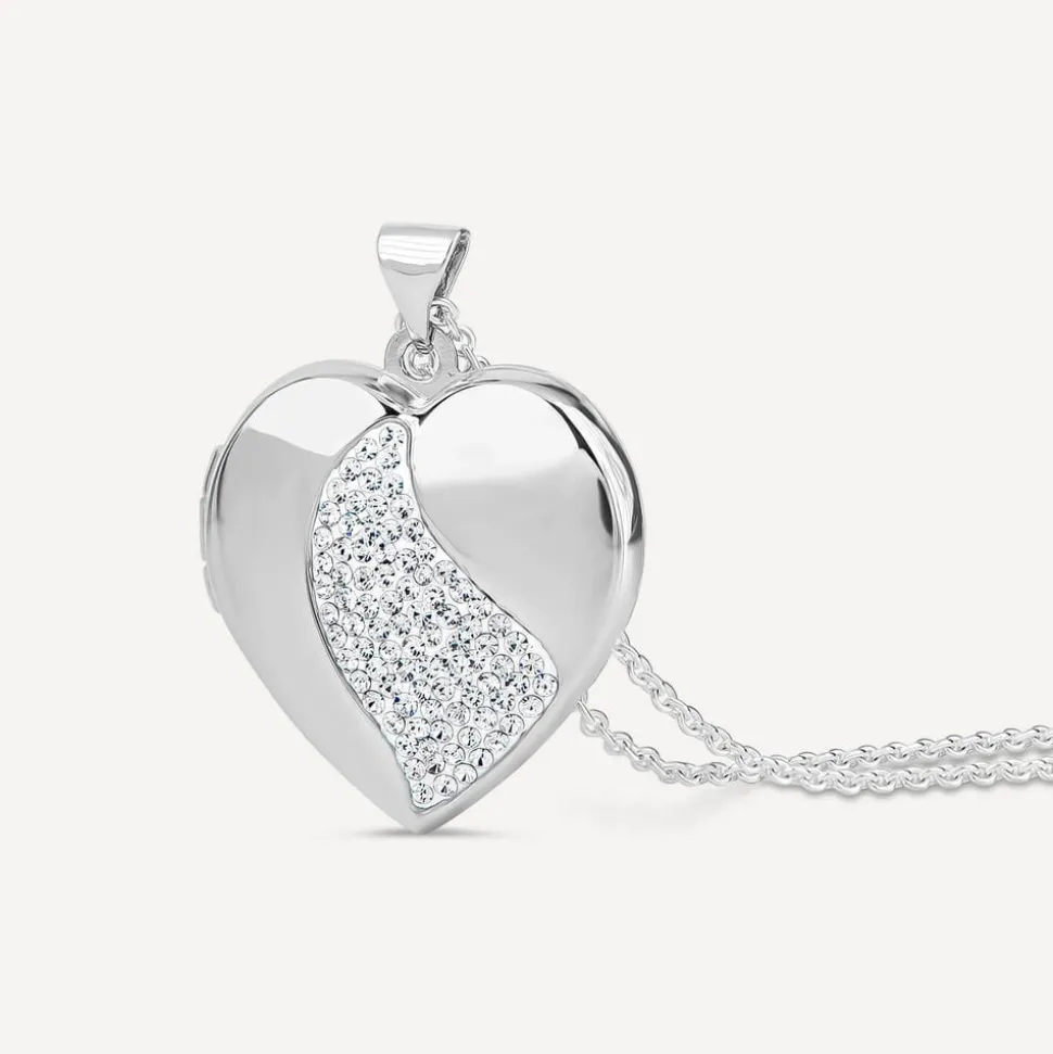 Silver crystal heart locket (Chain Included)