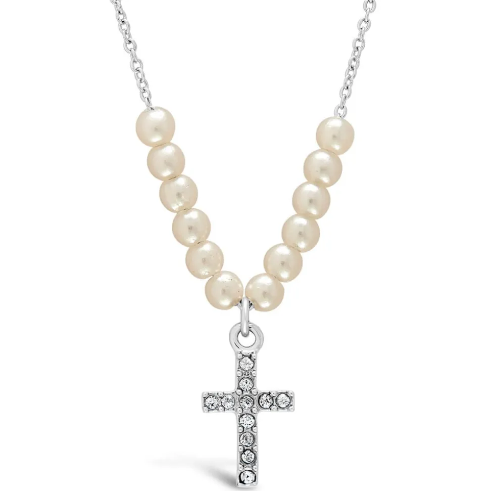 Silver Plated Pearl Chain With Cubic Zirconia Cross