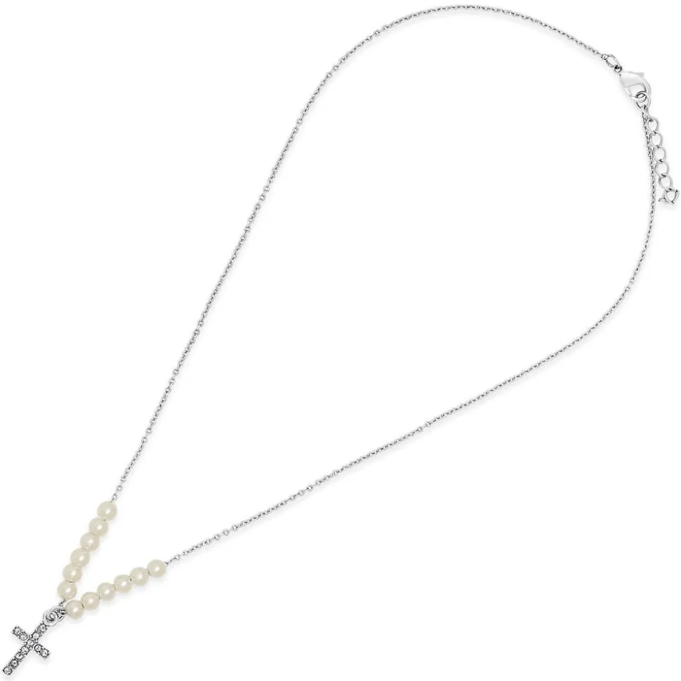 Silver Plated Pearl Chain With Cubic Zirconia Cross