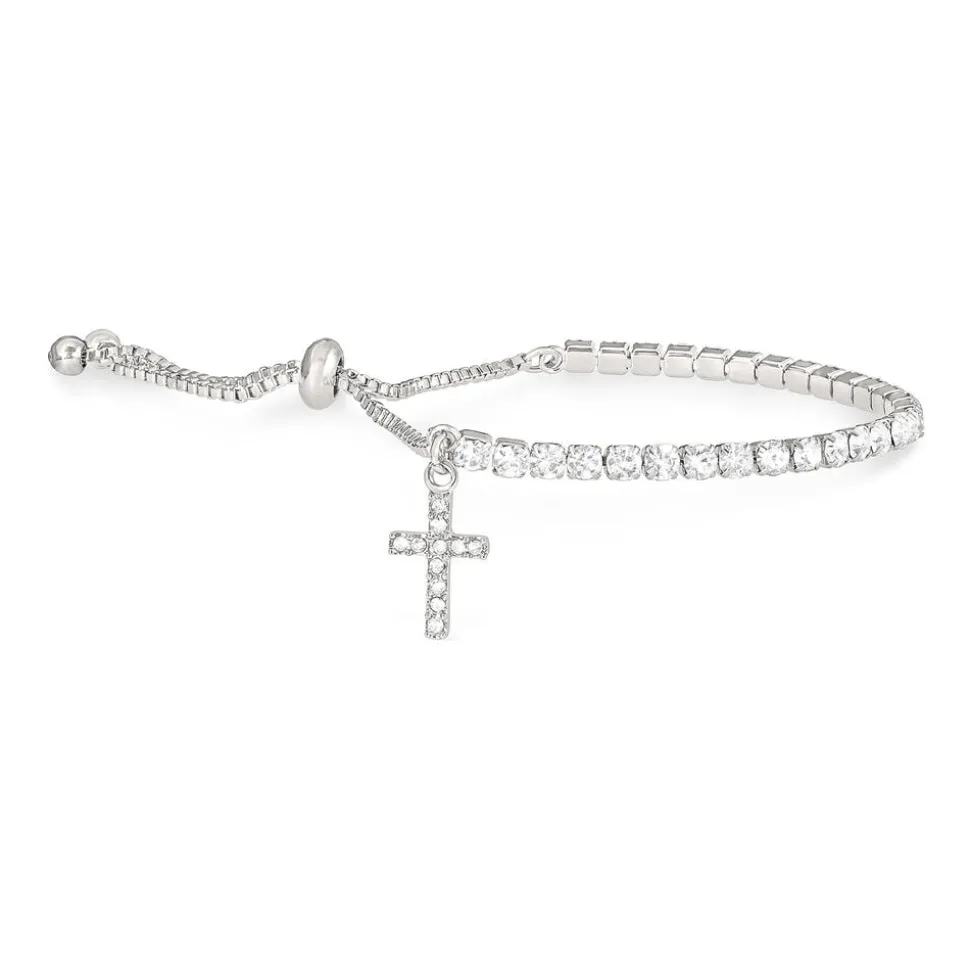 Silver-Plated Crystal-Set Slider Bracelet With Cross Charm