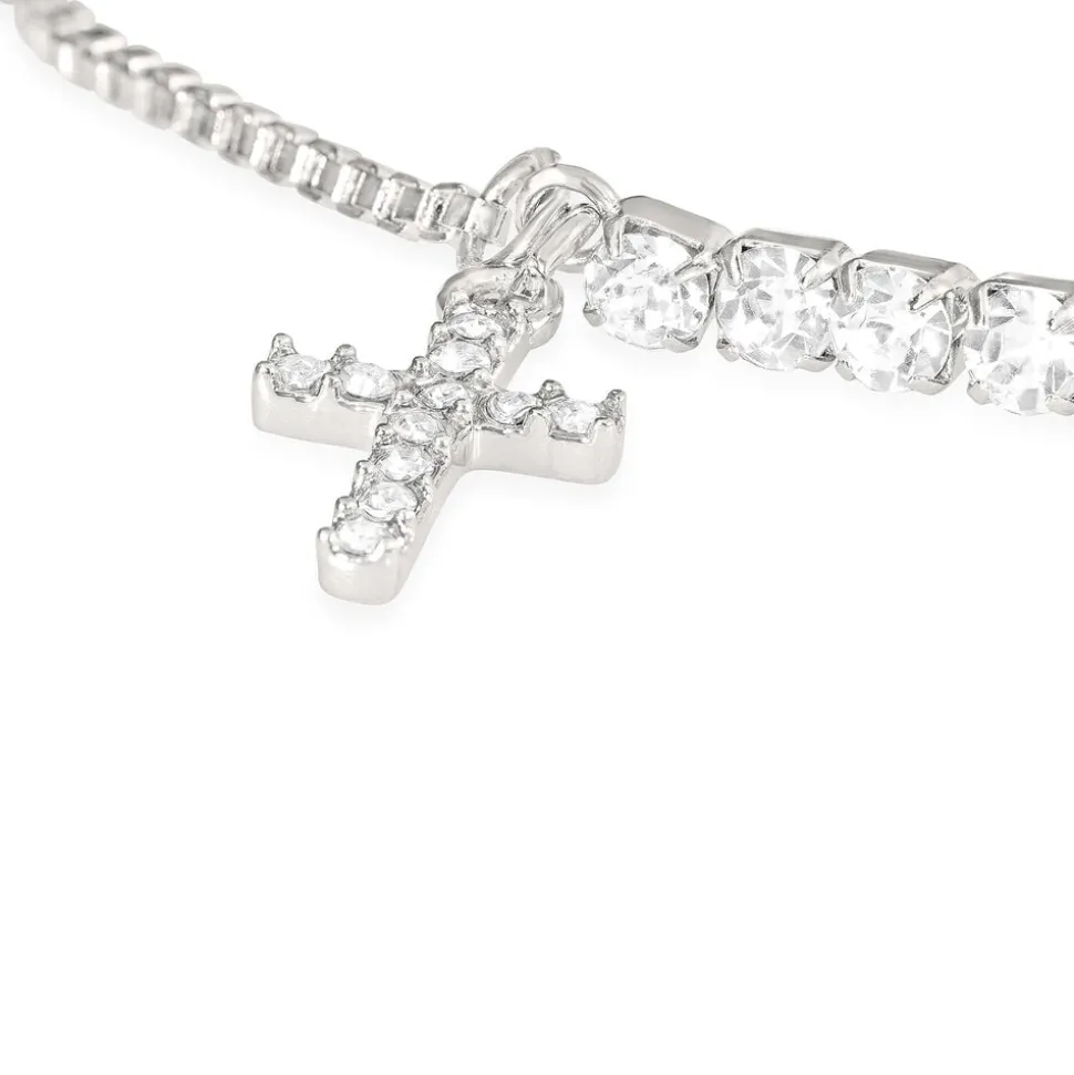 Silver-Plated Crystal-Set Slider Bracelet With Cross Charm
