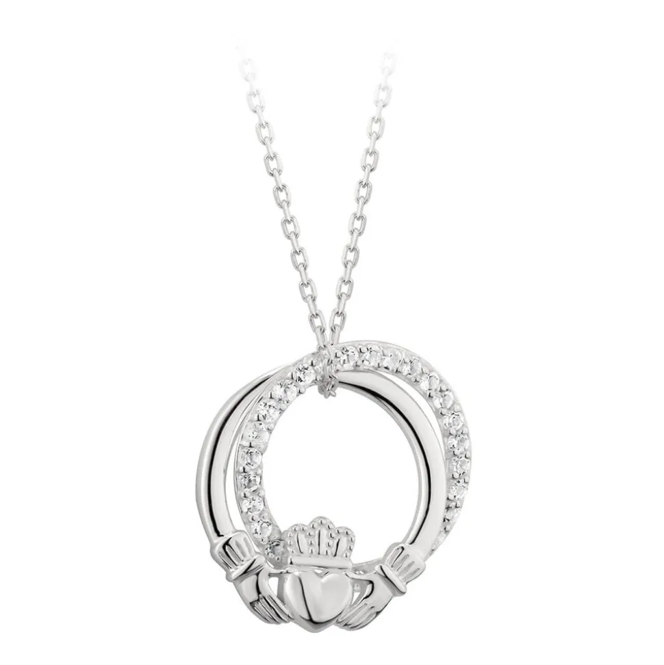 Solvar Sterling Silver & Crystal Claddagh Circle Pendant