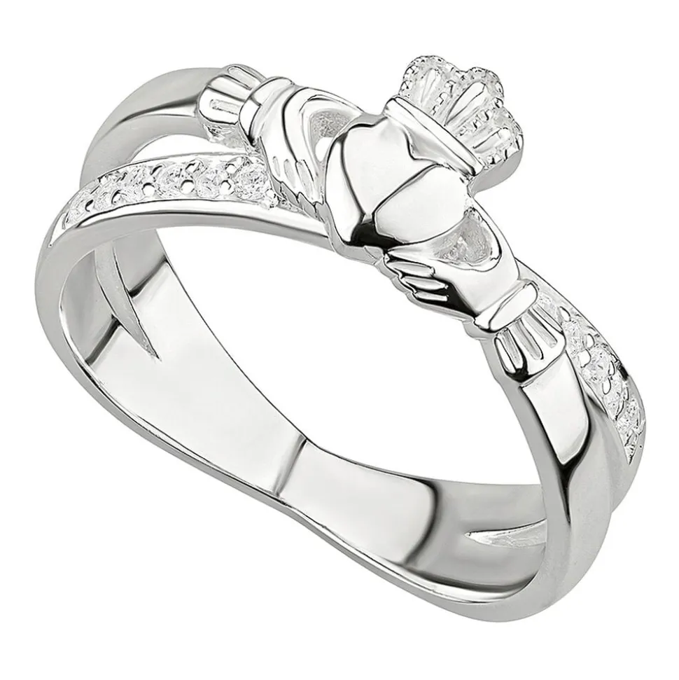 Solvar Sterling Silver Crystal Crossover Claddagh Ring