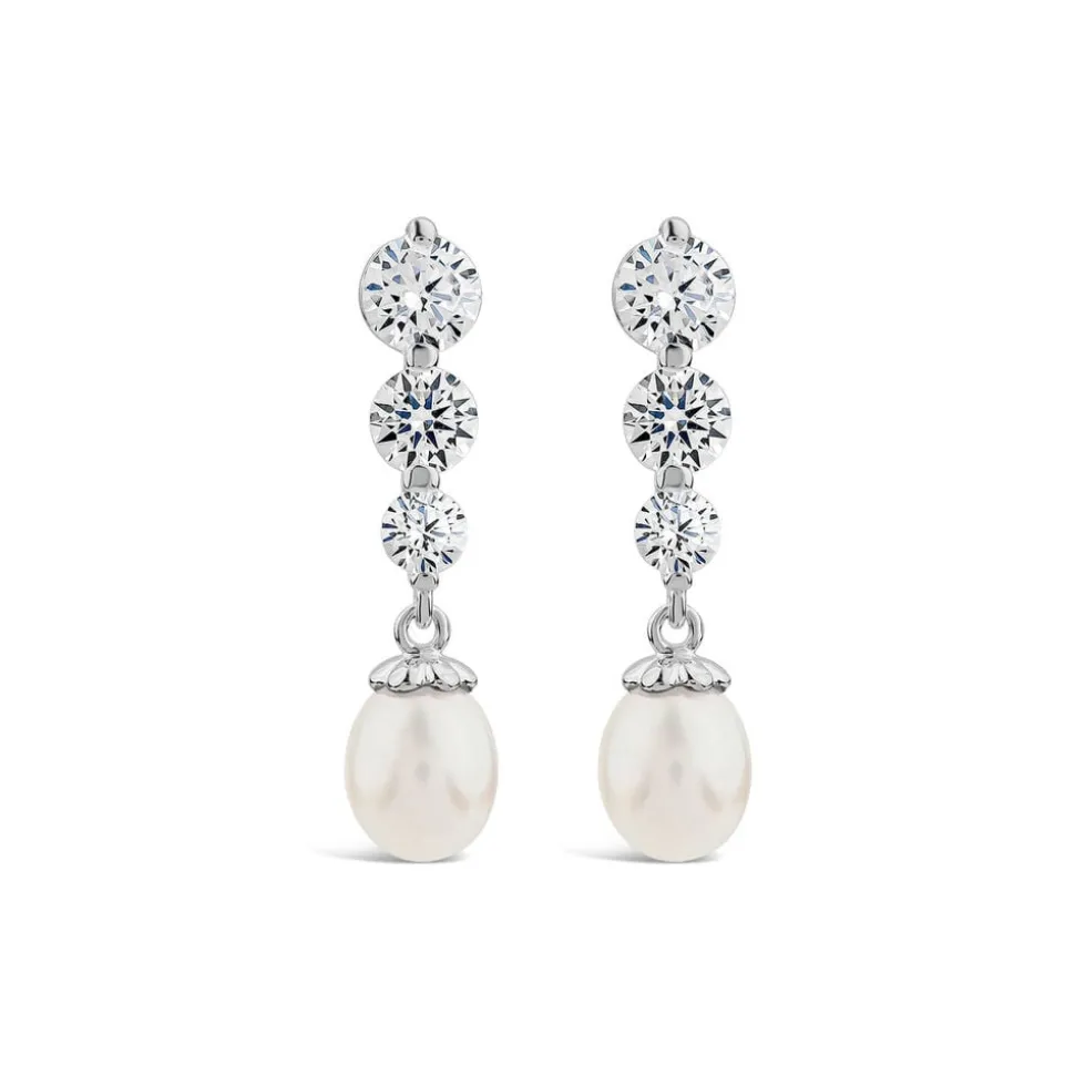 Sterling Silver 3 Cubic Zirconia & Pearl Drop Earrings