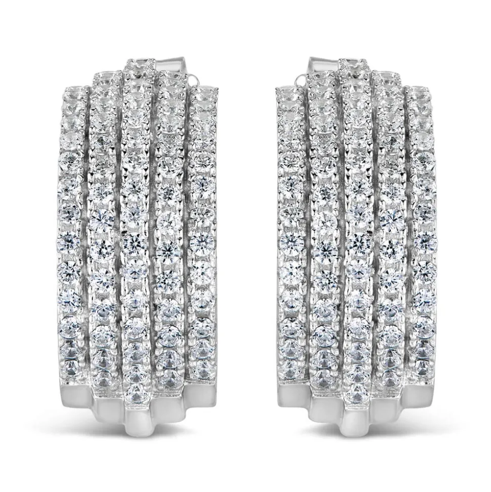 Sterling Silver 5 Row Pave Cubic Zirconia Cubic Zirconia Hoops