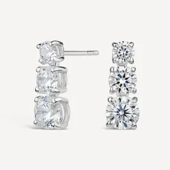 Sterling Silver 3 Stone Cubic Zirconia Graduated Drop Earrings