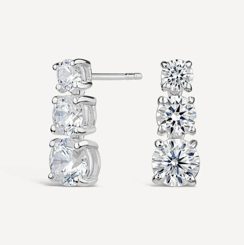 Sterling Silver 3 Stone Cubic Zirconia Graduated Drop Earrings