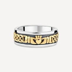 Sterling Silver & 9ct Yellow Gold Claddagh Celtic Knot Men's Band Ring