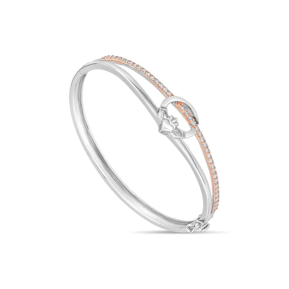 Sterling Silver & Rose Gold Plated Claddagh Cubic Zirconia Bangle