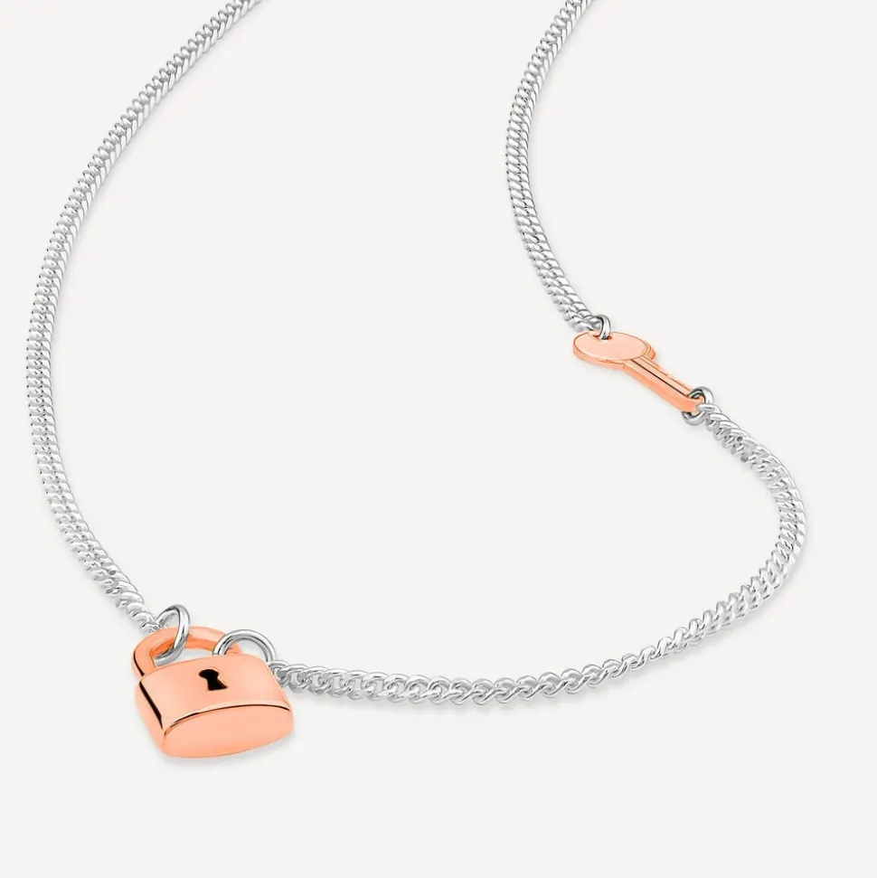 Sterling Silver & Rose Gold Plated Padlock & Key Necklet