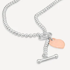 Sterling Silver & Rose Gold Plated Heart T-Bar Necklet