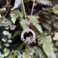 Sterling Silver April Birthstone Pave Cubic Zirconia Claddagh Pendant