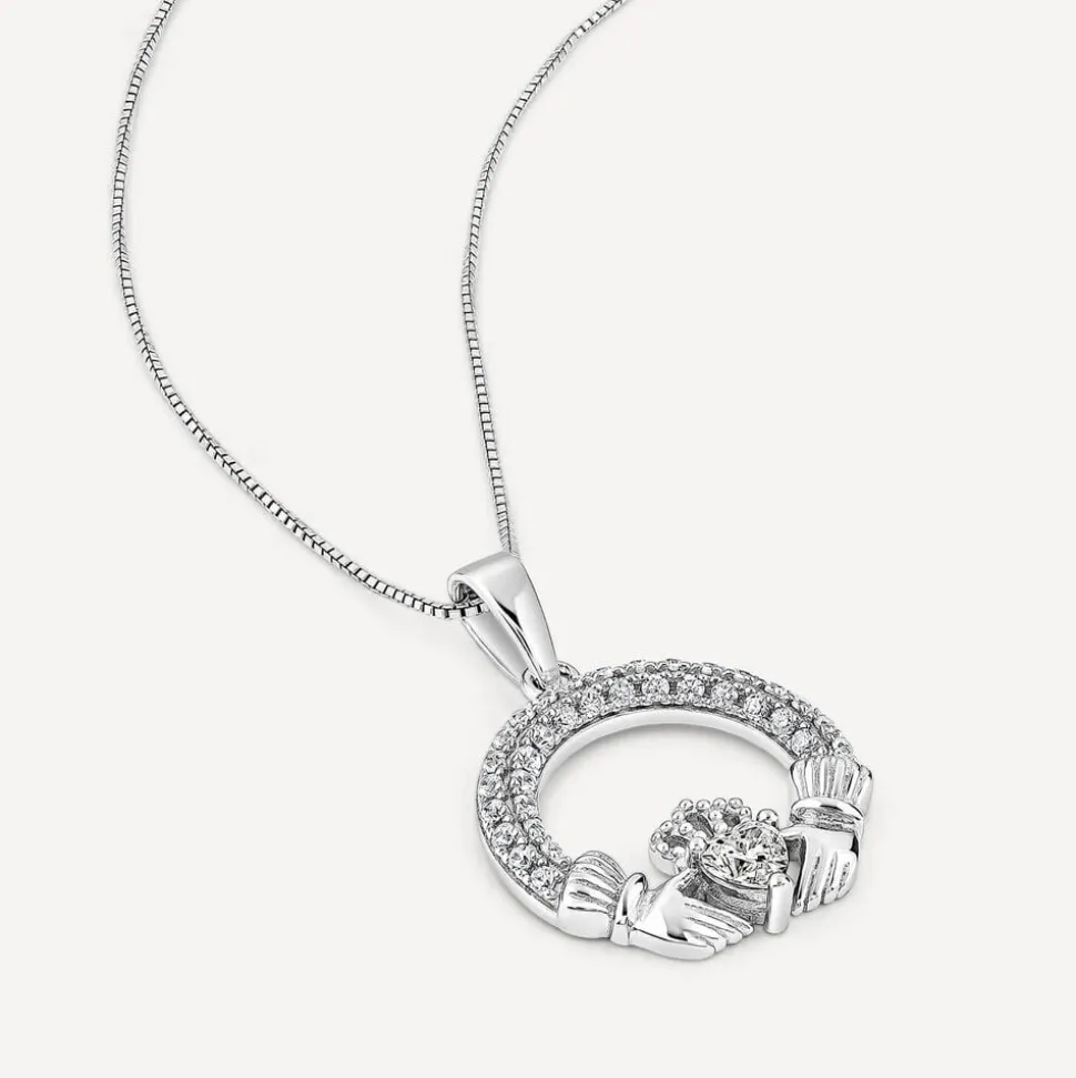 Sterling Silver April Birthstone Pave Cubic Zirconia Claddagh Pendant