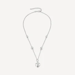 Sterling Silver Ball Station Chain Heart Shaped Drop Pendant