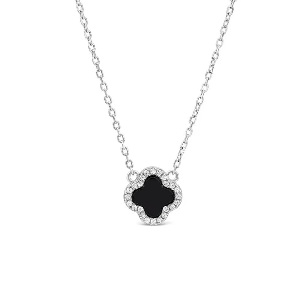 Sterling Silver Black Centre Cubic Zirconia Set Clover Petal Necklet