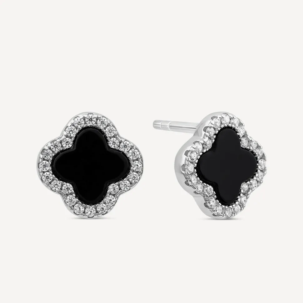 Sterling Silver Black Onyx & Cubic Zirconia Clover Petal Stud Earrings