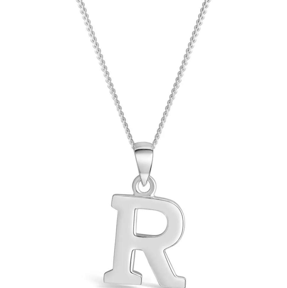 Sterling Silver Block Initial R Pendant (Chain Included)