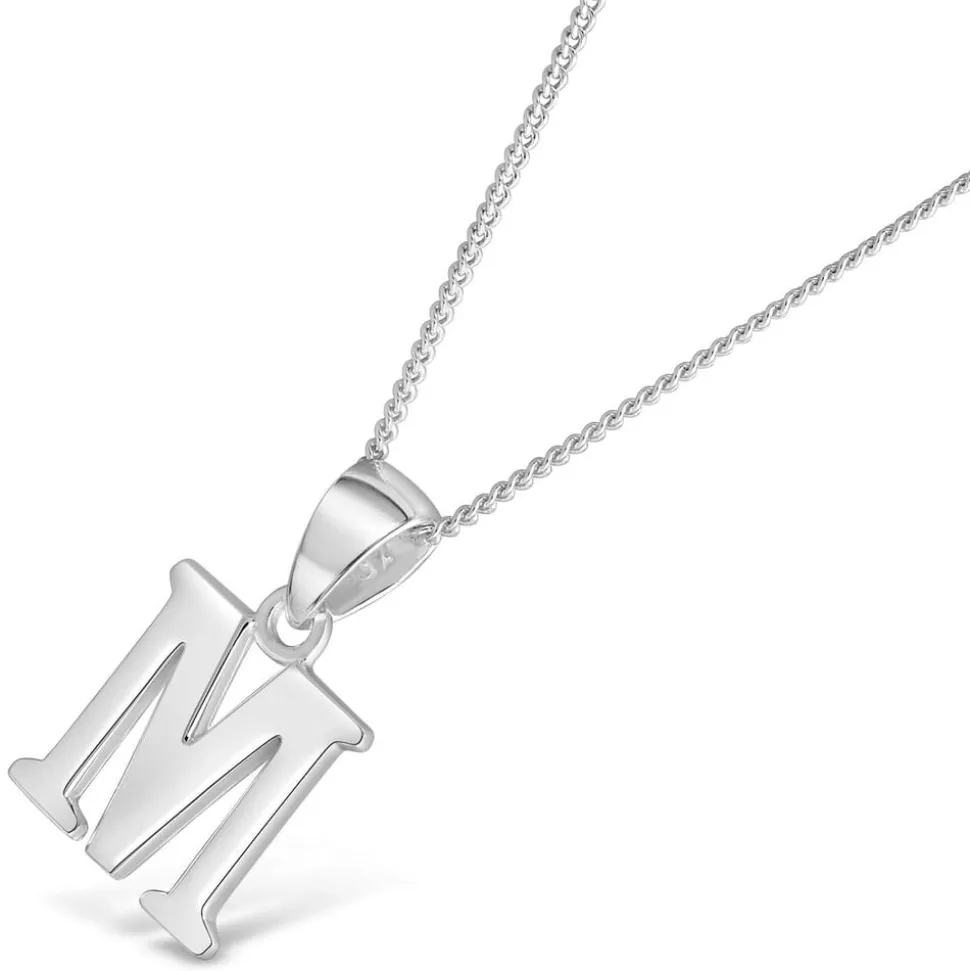 Sterling Silver Block Initial M Pendant (Chain Included)