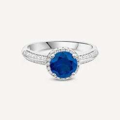 Sterling Silver Blue Centre Stone & Cubic Zirconia Shoulders Ring