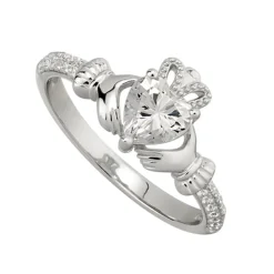 Sterling Silver Claddagh Birthstone April Cubic Zirconia Shoulder Set Ring