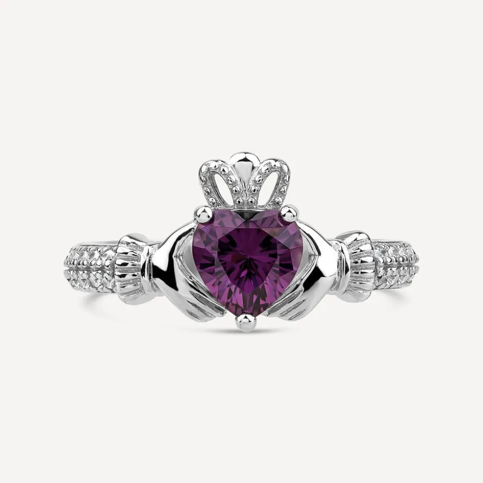 Sterling Silver Claddagh Birthstone February Cubic Zirconia Shoulder Set Ring
