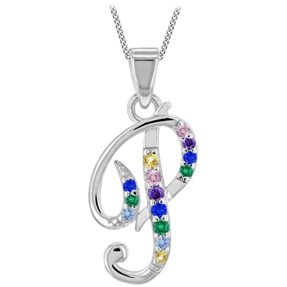 Sterling Silver Coloured Stone Set Initial P Pendant (Chain Included)