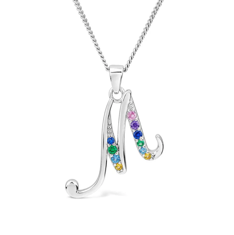 Sterling Silver Coloured Stone Set Initial M Pendant (Chain Included)