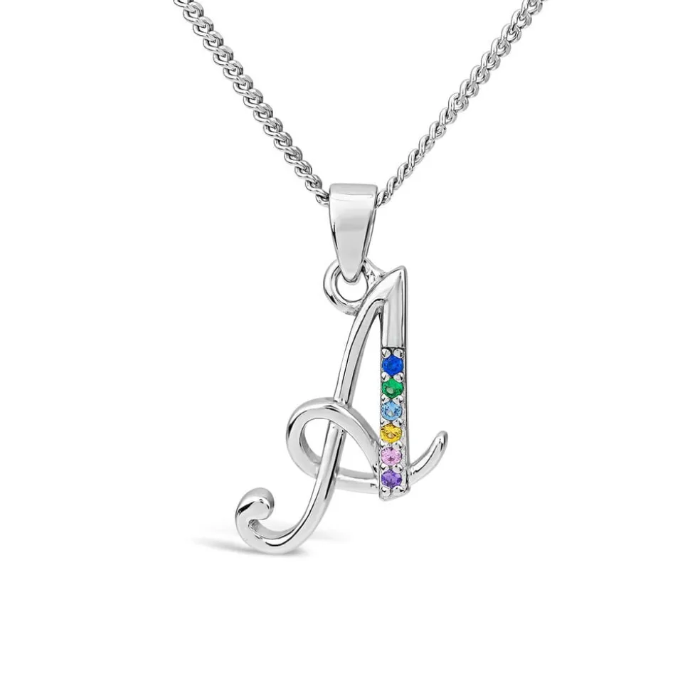 Sterling Silver Coloured Stone Set Initial A Pendant (Chain Included)