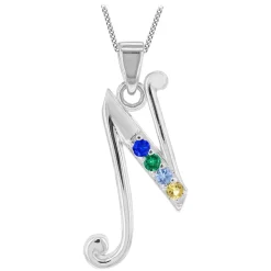 Sterling Silver Coloured Stone Set Initial N Pendant (Chain Included)