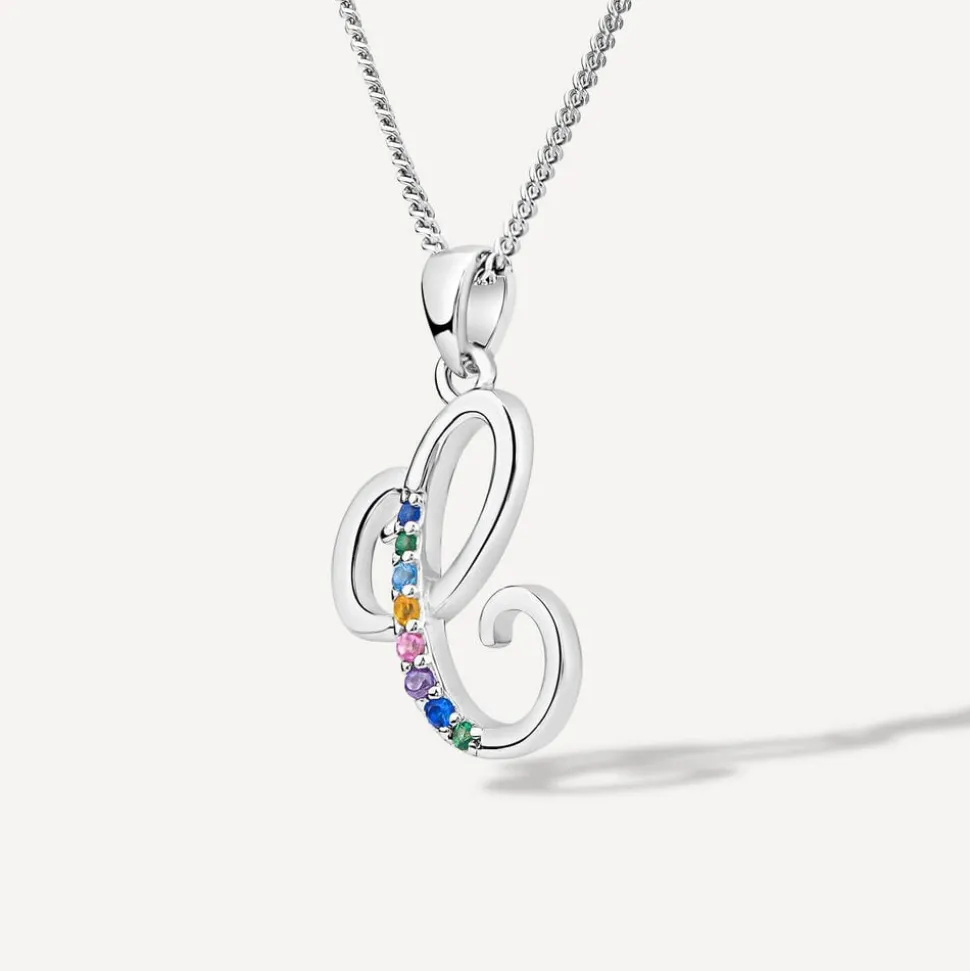 Sterling Silver Coloured Stone Set Initial C Pendant (Chain Included)