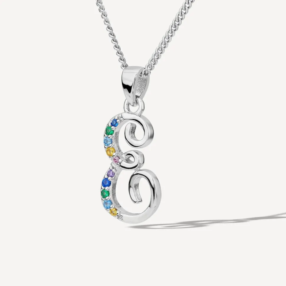 Sterling Silver Coloured Stone Set Initial E Pendant (Chain Included)