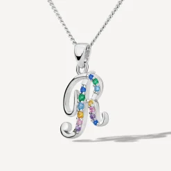 Sterling Silver Coloured Stone Set Initial R Pendant (Chain Included)
