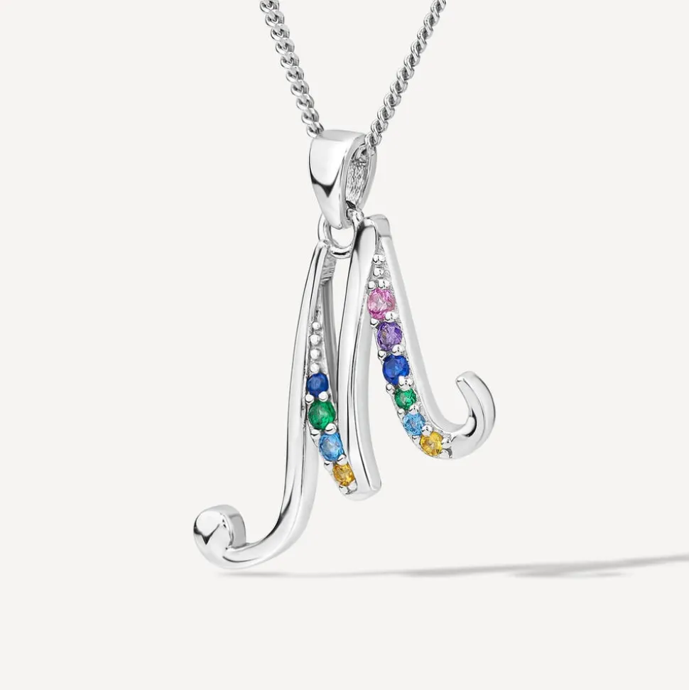 Sterling Silver Coloured Stone Set Initial M Pendant (Chain Included)
