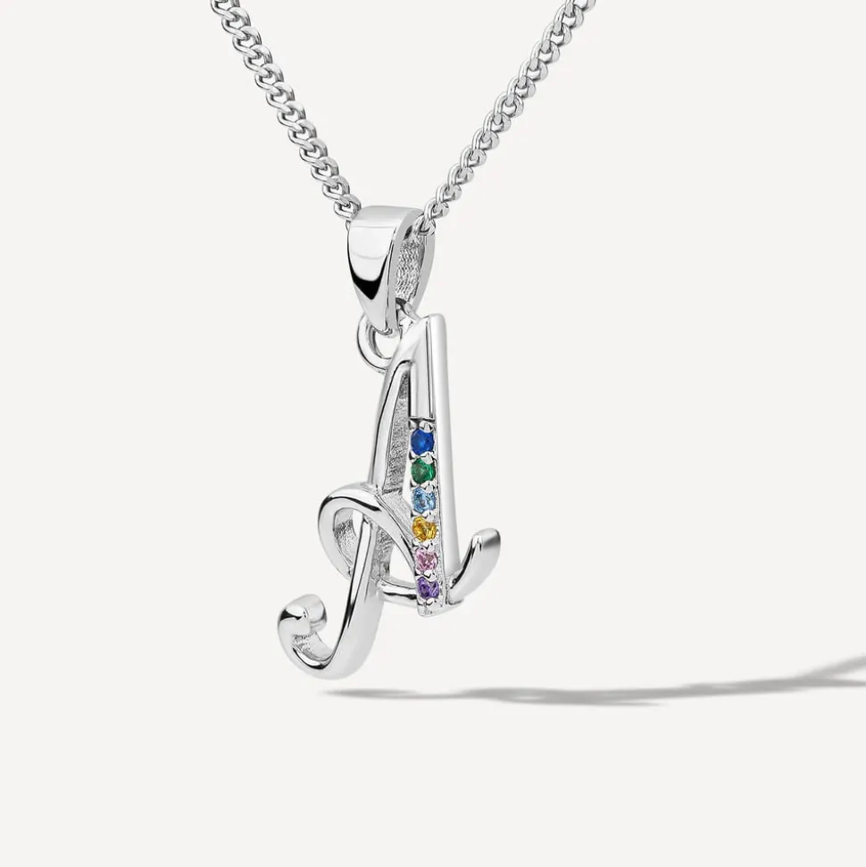 Sterling Silver Coloured Stone Set Initial A Pendant (Chain Included)