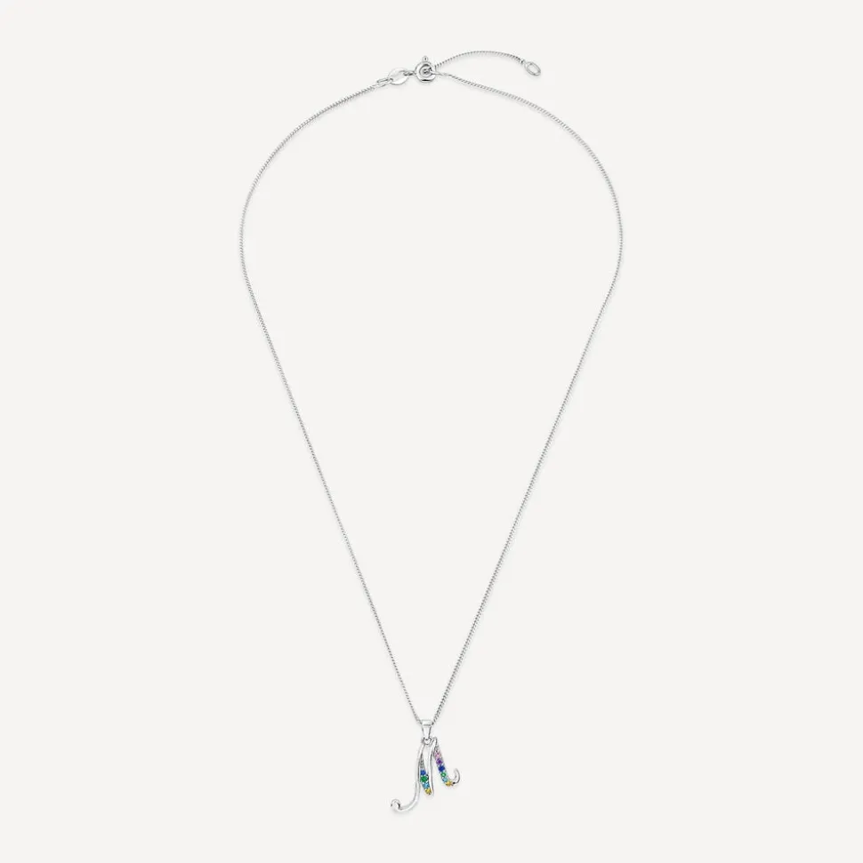Sterling Silver Coloured Stone Set Initial M Pendant (Chain Included)