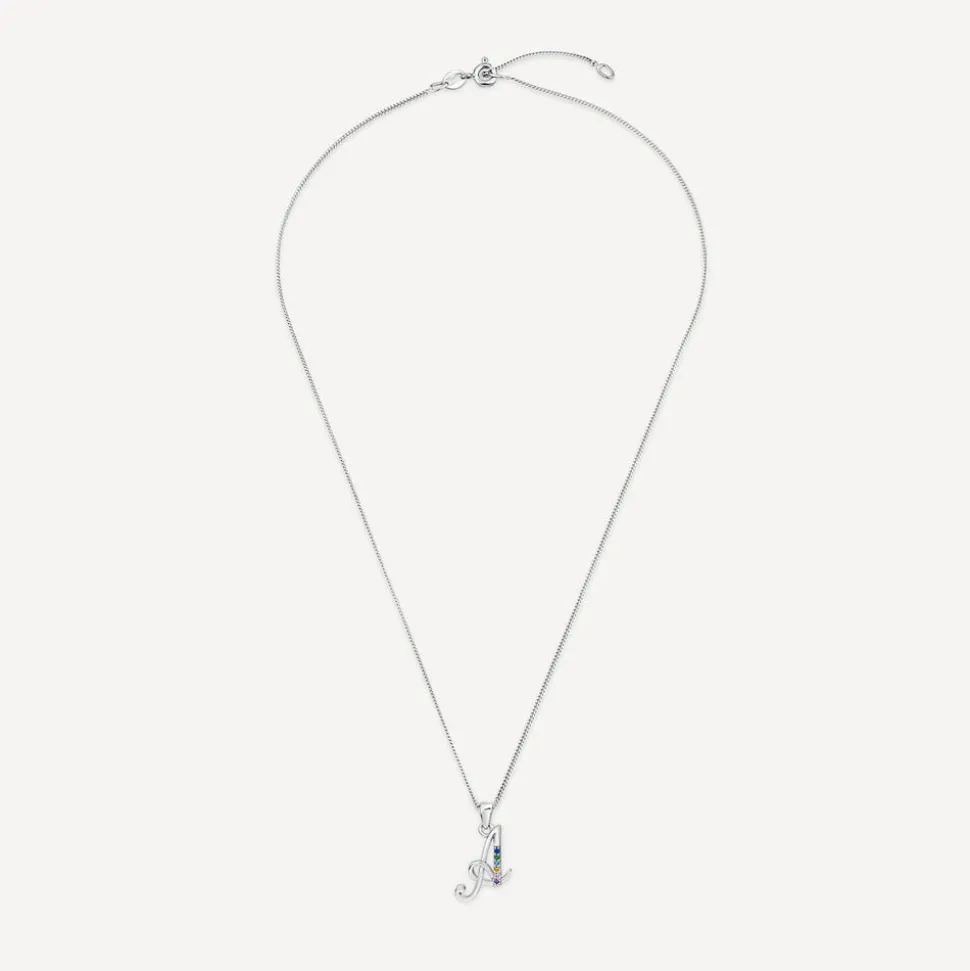 Sterling Silver Coloured Stone Set Initial A Pendant (Chain Included)