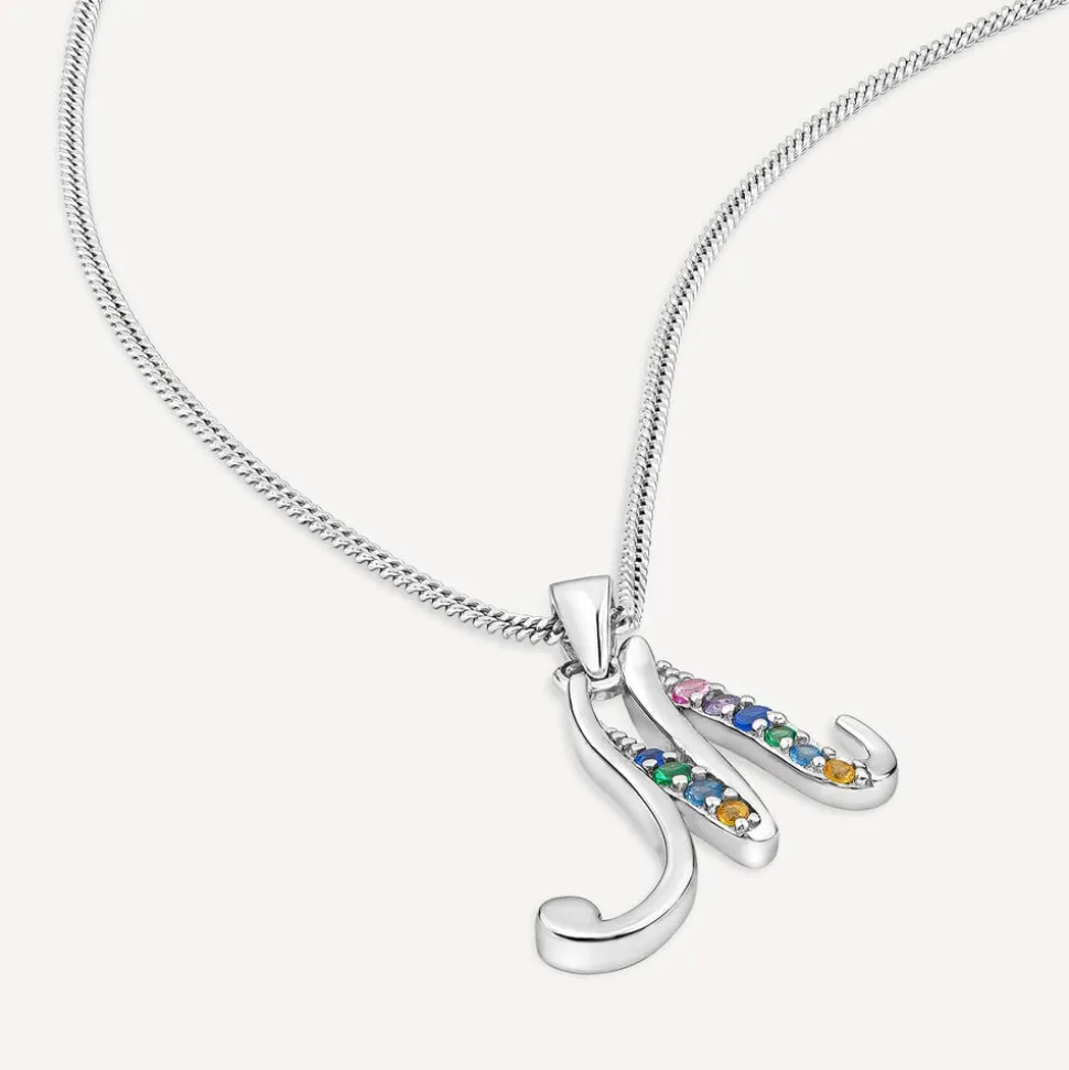 Sterling Silver Coloured Stone Set Initial M Pendant (Chain Included)